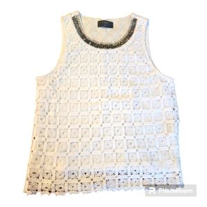 Temt Eyelit Silver Embellished Neckline Sleeveless Lined Top White Medium